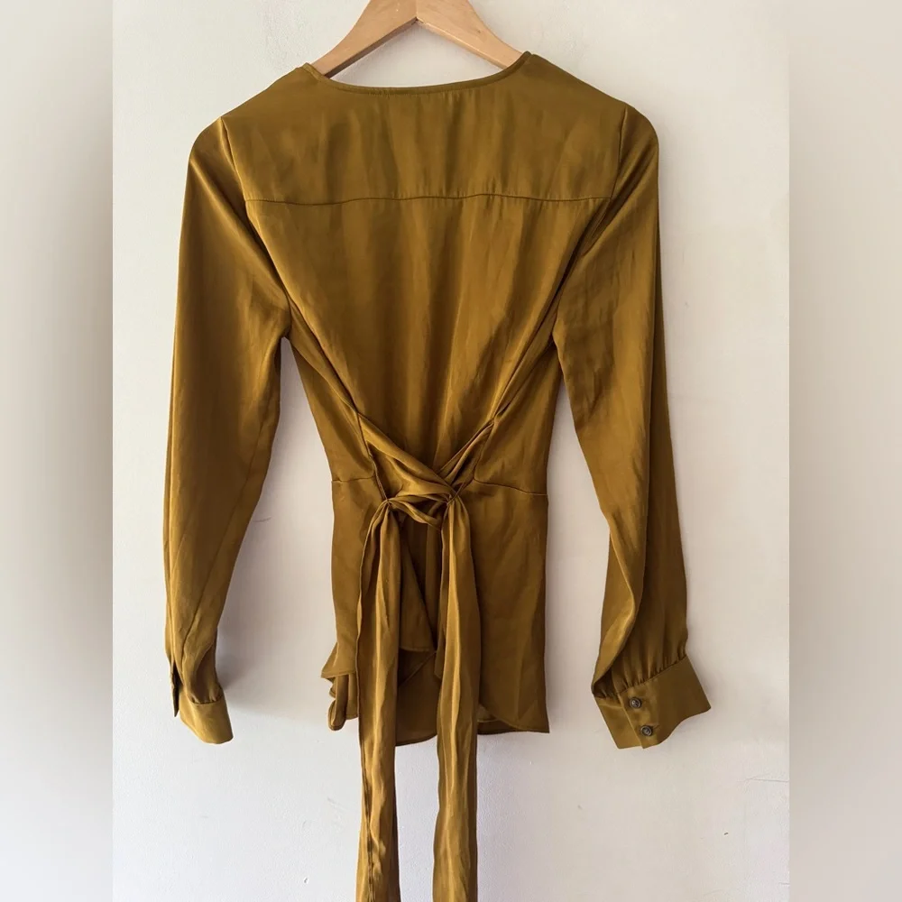 Anthropologie x Moulinette Soeurs Brynn Drapey Satin Faux Wrap Tie Brown Blouse - Picture 5 of 9